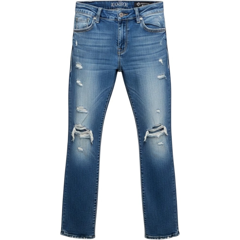 Rock & Roll‎ Denim Rival Low Rise Distressed Bootcut Jeans Blue 31x34 Raw Hem